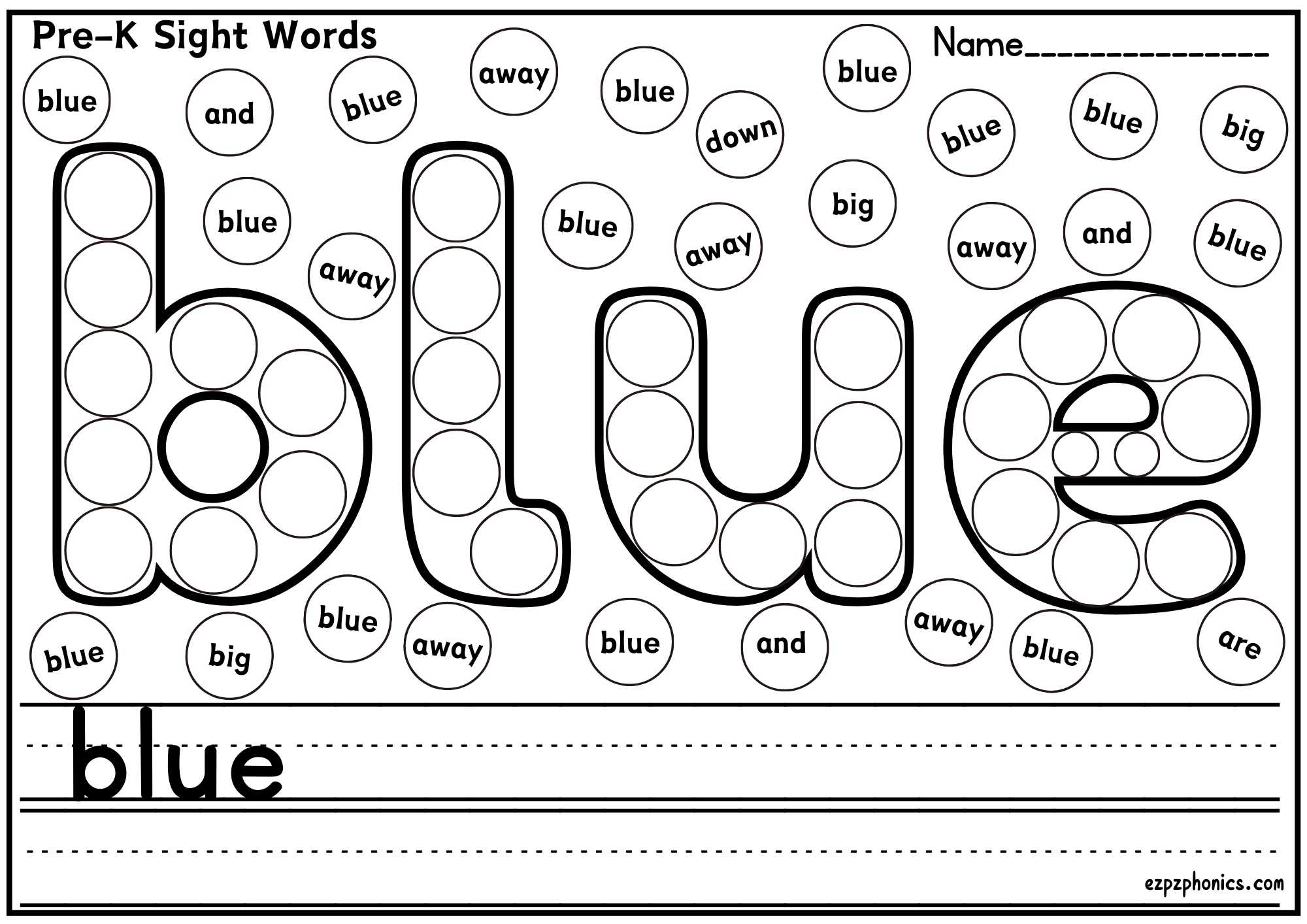 "Blue" Dolch Sight Word Dab & Write Worksheet Pre K Free PDF Download 